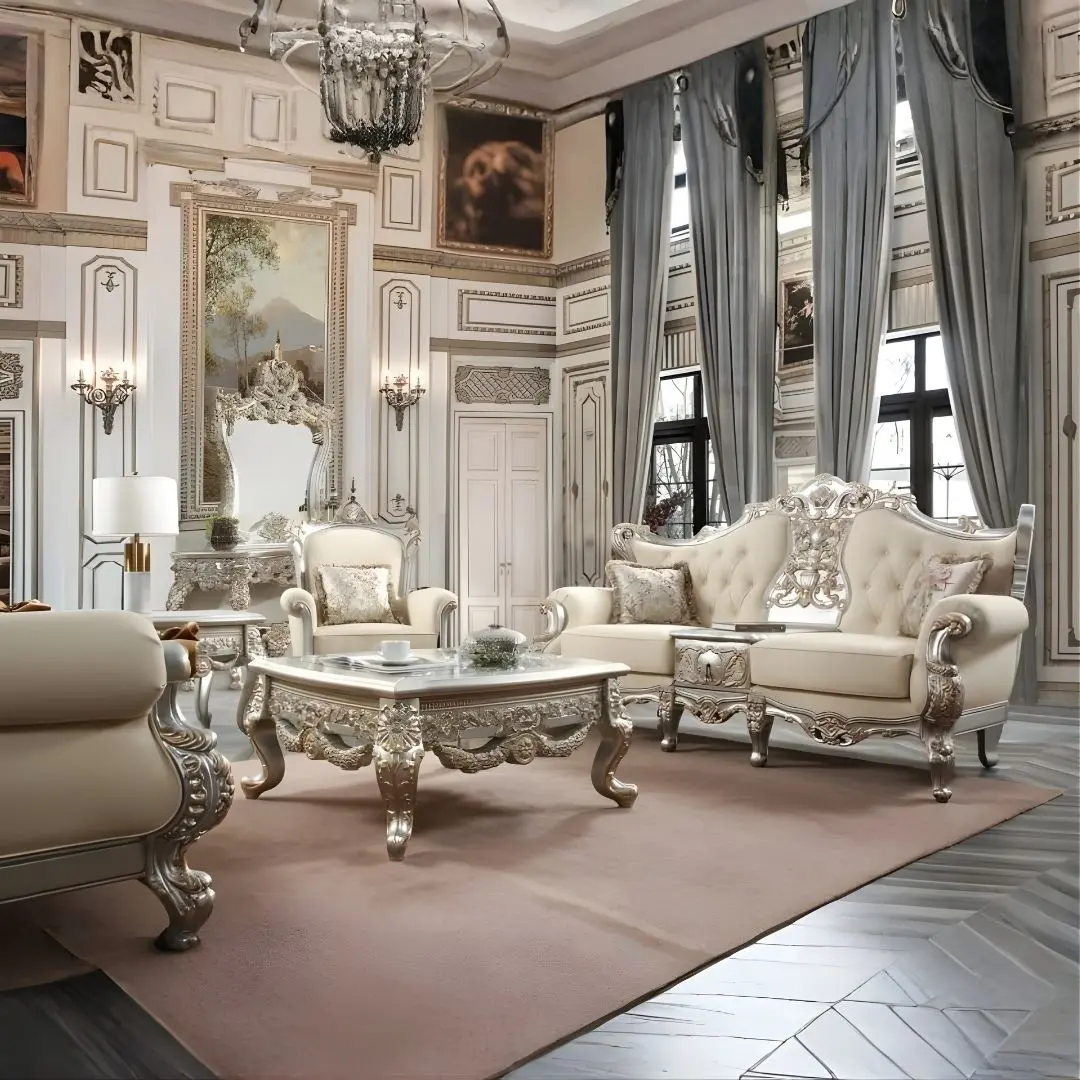 Metallic Silver With Gold Victorian Trim Finish 3Pcs French Salon Sofa Set Hd-91633 By Homey Design | Mobilia Cleopatra 3 Metallic Silver with Gold Victorian Trim Finish 3PCs French Salon Sofa Set HD-91633 By Homey Design - Image 1