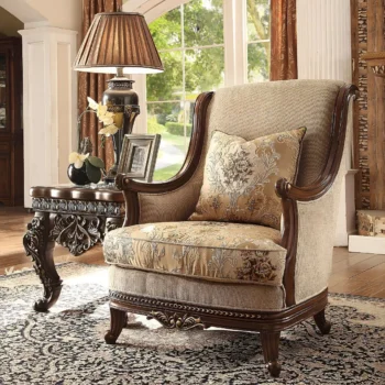 Dark Walnut & Beige Armchair Carved Wood Traditional by Homey Design HD-92