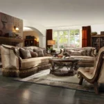 HD-1631 Homey Design 3Pc Living Room Sofa Set In Dark Red Mahogany & Metallic Antique Gold