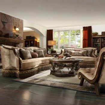 HD-1631 Homey Design 3Pc Living Room Sofa Set In Dark Red Mahogany & Metallic Antique Gold
