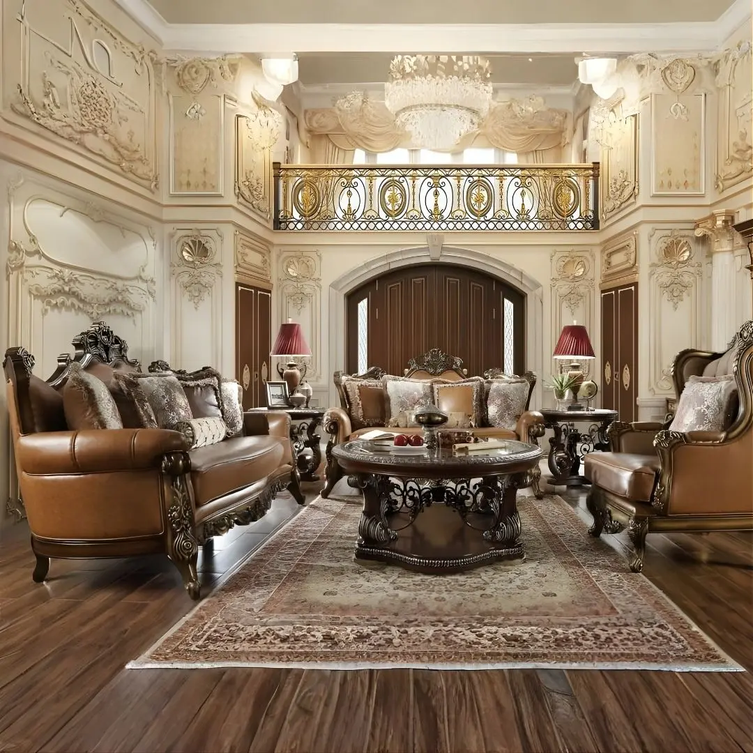 Mohawk Finish Leather Victorian 3Pcs Sofa Set Carved Wood Traditional Homey Design Hd-555 | Mobilia Cleopatra 3 Mohawk Finish Leather Victorian 3PCs Sofa Set Carved Wood Traditional Homey Design HD-555 - Image 1