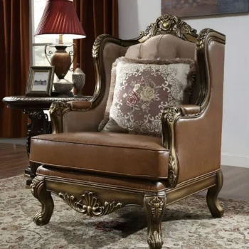Mohawk Finish Leather Victorian Armchair Carved Wood Traditional Homey Design HD-555