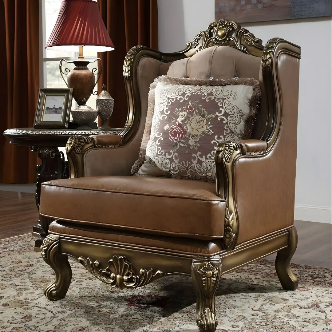 Mohawk Finish Leather Victorian Armchair Carved Wood Traditional Homey Design Hd-555 | Mobilia Cleopatra 3 Mohawk Finish Leather Victorian Armchair Carved Wood Traditional Homey Design HD-555 - Image 1