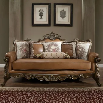 Mohawk Finish Leather Sofa Carved Wood Traditional Homey Design HD-555