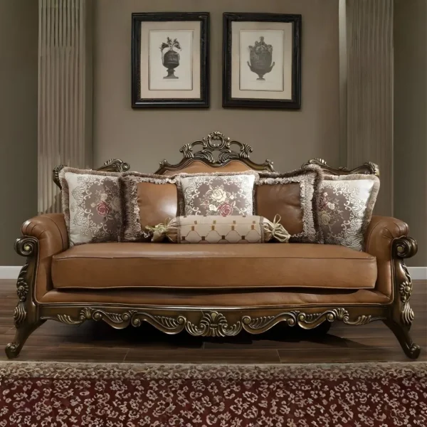 Mohawk Finish Leather Victorian 3PCs Sofa Set Carved Wood Traditional Homey Design HD-555 - Image 4