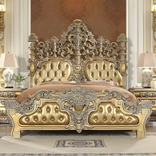 Metallic Bright Gold 4PCs Bedroom Set Carved Wood Traditional Homey Design HD-8016 - Image 2