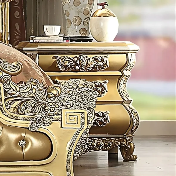 Metallic Bright Gold 4PCs Bedroom Set Carved Wood Traditional Homey Design HD-8016 - Image 5