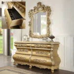 Metallic Bright Gold 4PCs Bedroom Set Carved Wood Traditional Homey Design HD-8016 - Image 4