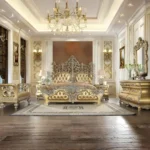 Metallic Bright Gold 4PCs Bedroom Set Carved Wood Traditional Homey Design HD-8016