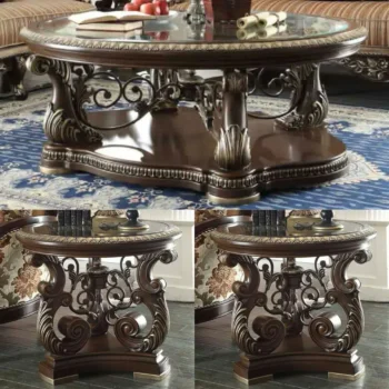 Brown Cherry Coffee Table Set 3Pcs Carved Wood Traditional HD-8013 By Homey Design