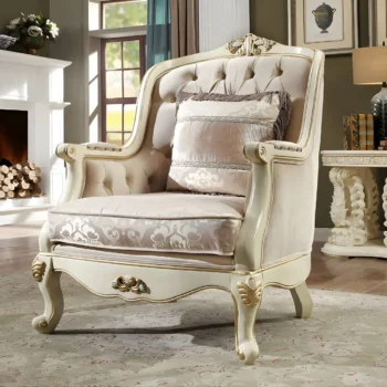 Cream Chenille Victorian Armchair Bone Carved Wood Traditional HD-2011 By Homey Design