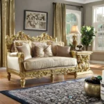 Metallic Bright Gold Loveseat Carved Wood Traditional HD-2659 By Homey Design