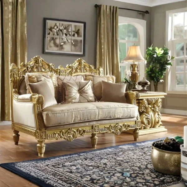 Bright Gold Victorian Sofa Set 3Pcs Carved Wood Traditional Homey Design HD-2659 - Image 5