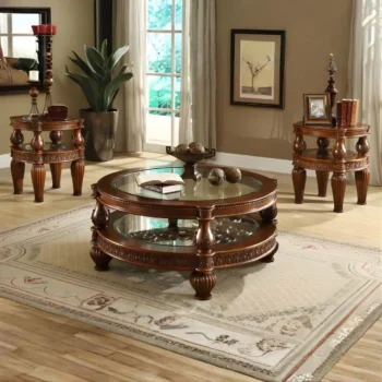 Homey Design HD-1521 3Pc Coffee Table Set Victorian Style in Dark Mahogany with Gold Highlight