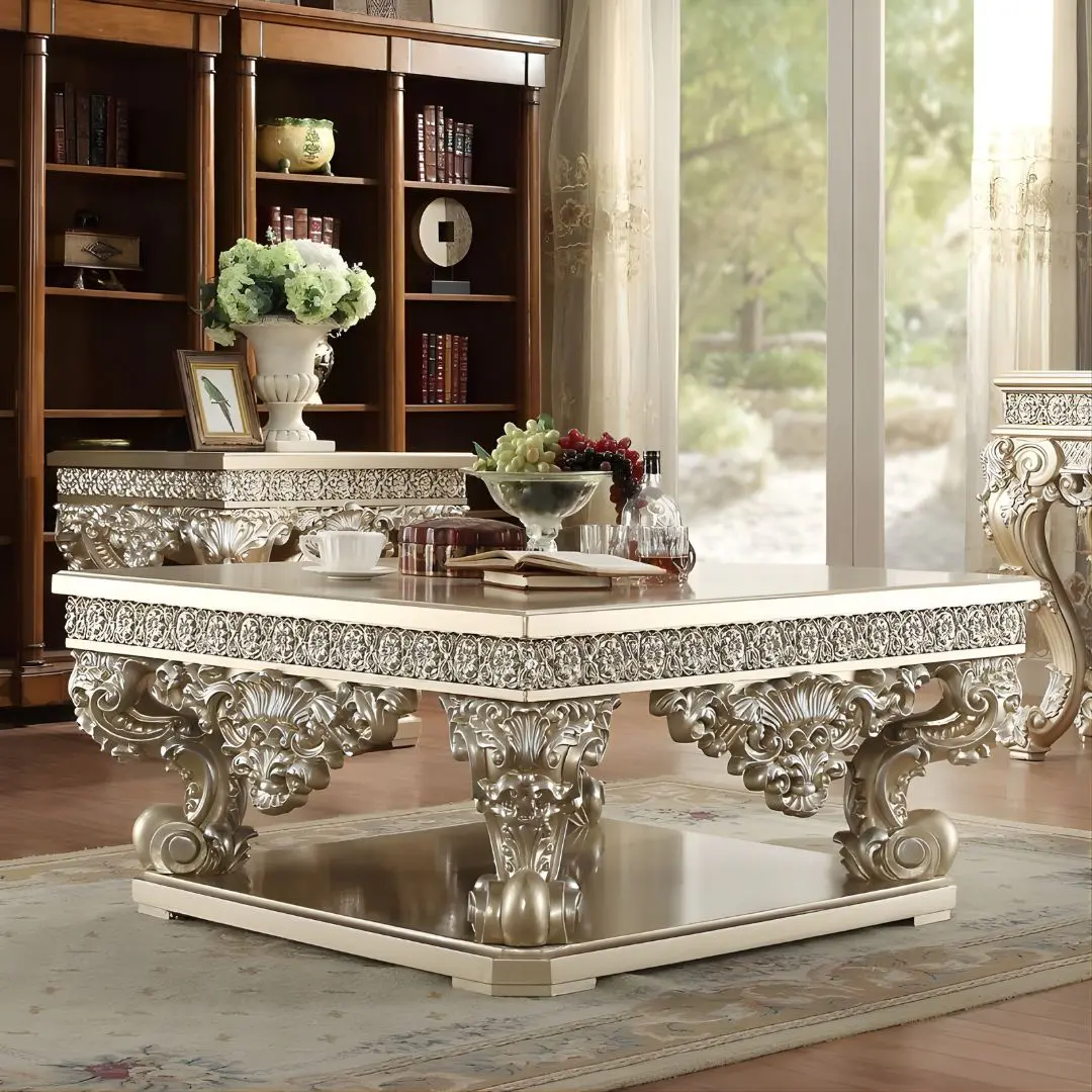 Belle Silver Victorian Coffee Table Hd-8022 By Homey Design | Mobilia Cleopatra 3 Belle Silver Victorian Coffee Table HD-8022 By Homey Design - Image 1