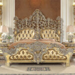 Metallic Bright Gold 4PCs Bedroom Set Carved Wood Traditional Homey Design HD-8016 14
