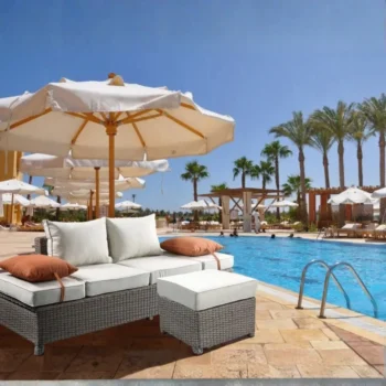 Salena Patio Sofa & Ottoman in Beige Fabric & Gray Wicker