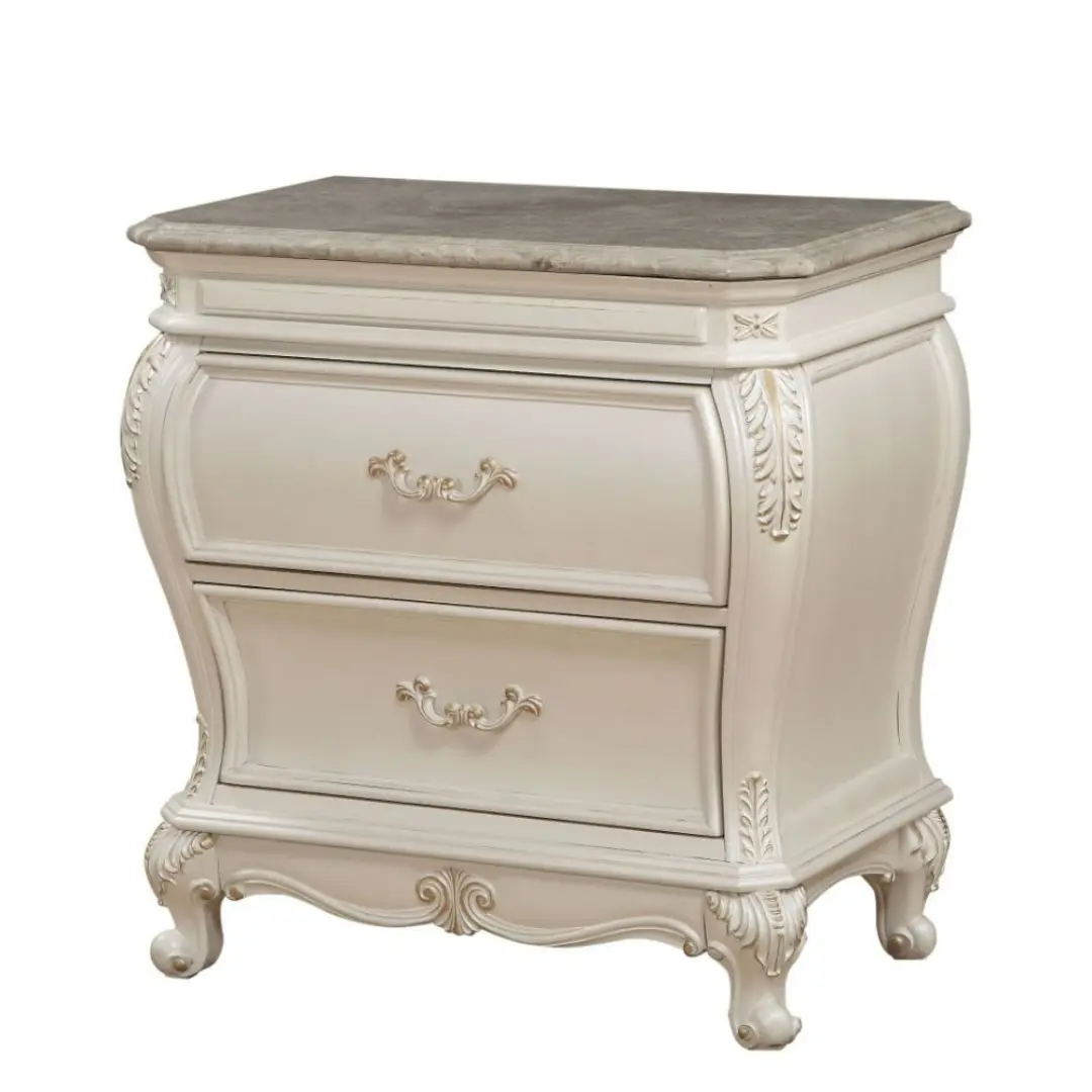 Chantelle Pearl White Nightstand With Granite Top By Acme | Mobilia Cleopatra 3 Chantelle Pearl White Nightstand With Granite Top By ACME