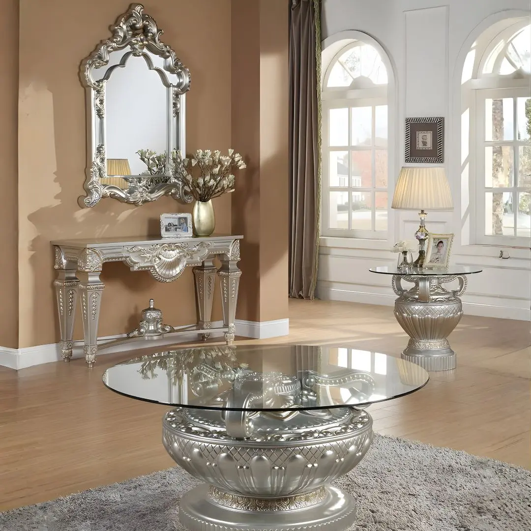 Luxury Silver Finish 3Pcs Coffee Table Set Hd-8908S By Homey Design | Mobilia Cleopatra 3 Luxury Silver Finish 3PCs Coffee Table Set HD-8908S By Homey Design - Image 1