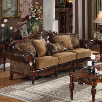 Brown Leather & Chenille Cherry Finish Dreena Sofa W/5 Pillows 05495 by ACME