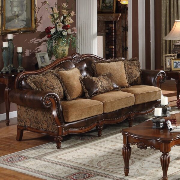 Brown Leather & Chenille Cherry Finish Dreena Sofa W/5 Pillows 05495 by ACME 6