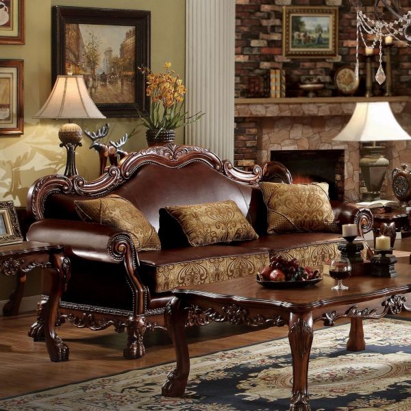 Brown Synthetic Leather & Chenille, Cherry Oak Finish Dresden Sofa W/3 Pillows 15160 by ACME 7
