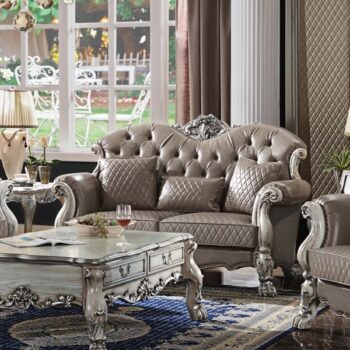 Synthetic Leather & Vintage Bone White Finish Dresden Loveseat W/3 Pillows 58176 by ACME