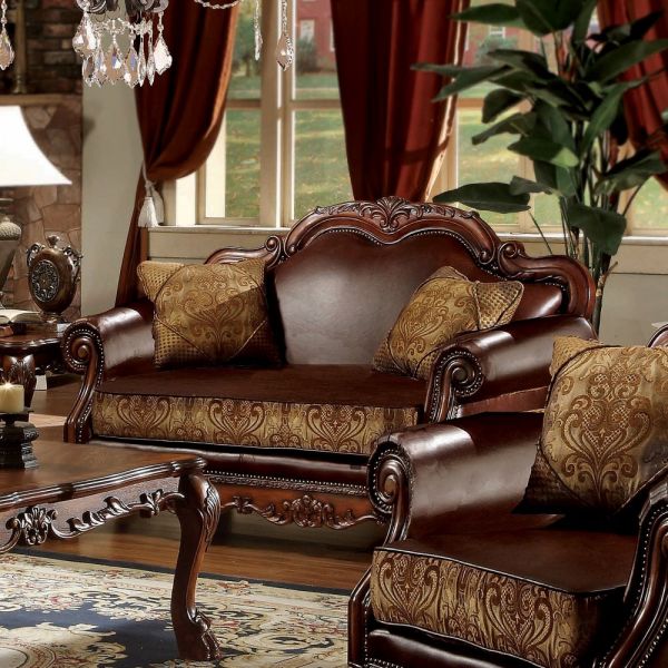 Brown Synthetic Leather & Chenille, Cherry Oak Finish Dresden Loveseat W/2 Pillows 15161 by ACME