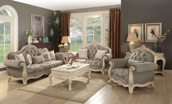 Gray Fabric & Antique White Finish Ragenardus Sofa W/5 Pillows 56020 by ACME 4