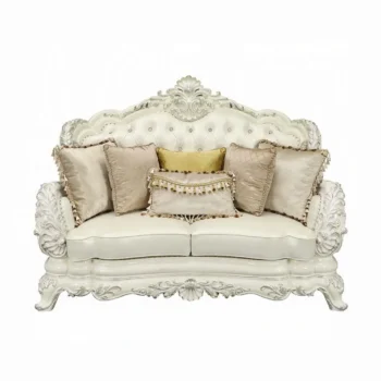 Pearl White Leather Loveseat With 5 Pillows