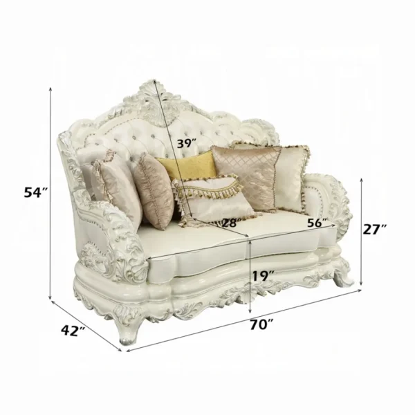 Adara Pearl White Leather Loveseat With 5 Pillows by ACME - Image 3
