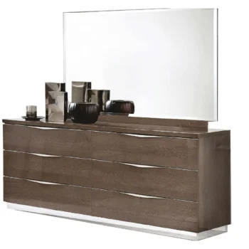 High Gloss Lacquer Platinum Legno Dressers and Mirror Silver Birch