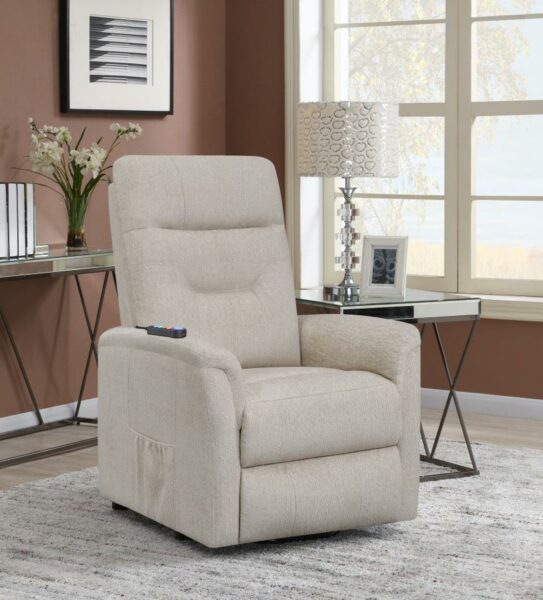 Power Lift Recliner With Storage Pocket Beige 609405P By Coaster Furniture | Mobilia Cleopatra Power Lift Recliner with Storage Pocket Beige 609405P by Coaster Furniture