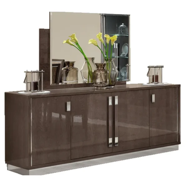 High Gloss Lacquer Platinum 4 Door Buffet with Mirror