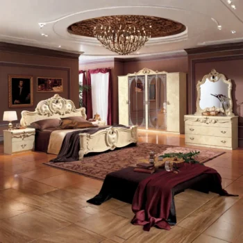 High Gloss Lacquer Barocco Ivory Bedroom Set