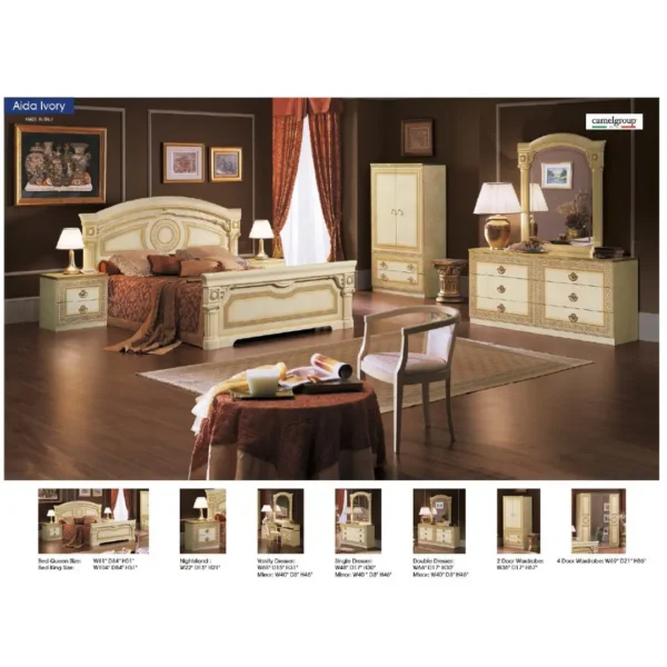 High Gloss Lacquer Aida Ivory Bedroom Set with Gold, Camelgroup Italy