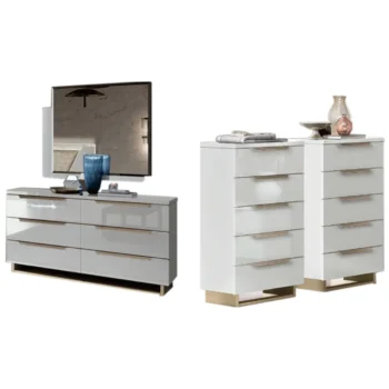 High Gloss Lacquer, Mat Smart Double Dresser White with Mirror and Chest