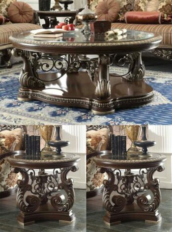 Brown Cherry Coffee Table Set 3Pcs Carved Wood Traditional HD-8013 By Homey Design