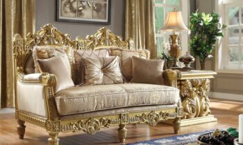 Metallic Bright Gold Loveseat Carved Wood Traditional HD-2659 By Homey Design