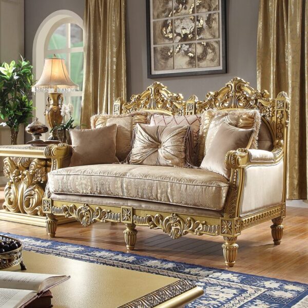 Metallic Bright Gold Sofa Set 3Pcs Carved Wood Traditional Homey Design HD-2659 9