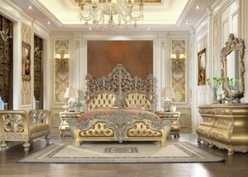 Metallic Bright Gold 4PCs Bedroom Set Carved Wood Traditional Homey Design HD-8016