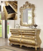 Metallic Bright Gold 4PCs Bedroom Set Carved Wood Traditional Homey Design HD-8016 16