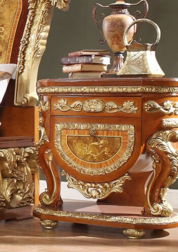 Luxury Nightstand Light Cherry & Gold Carved Wood Homey Design HD-8024