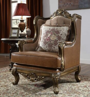 Mohawk Finish Leather Armchair Carved Wood Traditional Homey Design HD-555