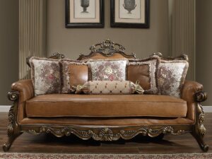 Mohawk Finish Leather Sofa Carved Wood Traditional Homey Design HD-555