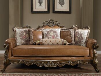Mohawk Finish Leather Sofa Carved Wood Traditional Homey Design HD-555
