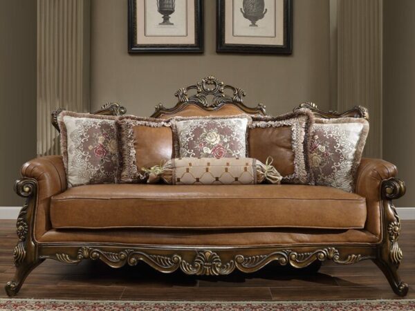 Mohawk Finish Leather Sofa Carved Wood Traditional Homey Design HD-555 4