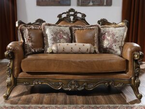 Mohawk Finish Leather Loveseat Carved Wood Traditional Homey Design HD-555