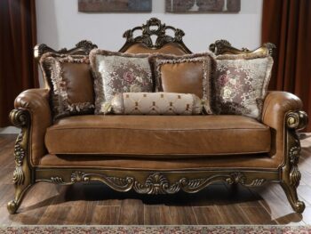 Mohawk Finish Leather Loveseat Carved Wood Traditional Homey Design HD-555