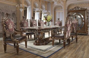 Burl & Metallic Antique Gold 9PCs Dining Table Set HD-1804 By Homey Design